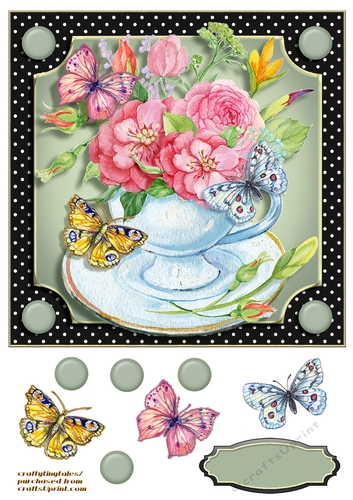 Teacups Flowers & Butterflies Card Front 1