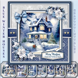 Blue Winter Houses Card Front Toppers Kit