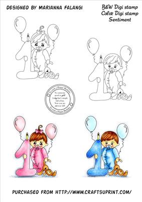 1st Birthday Babies and Sentiment Digi Stamps