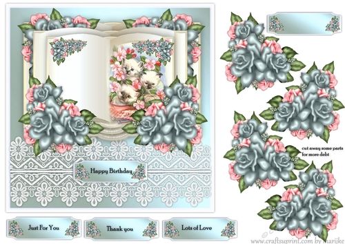 3 D  Kittens Book Vintage Roses 2