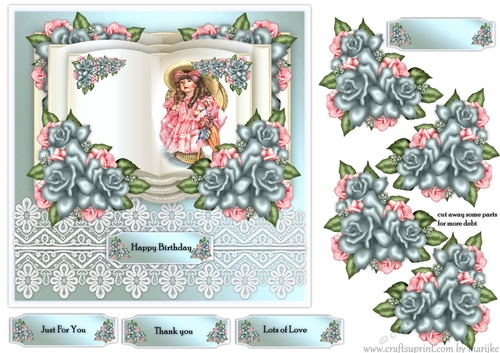 3 D   Antique Doll  Book Vintage Roses 