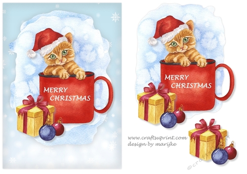 Christmas Kitten  in Teacup   Quick Card 
