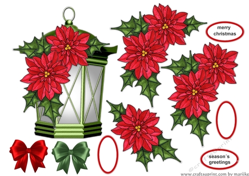 Christmas Lantern Dark Green & Poinsettias