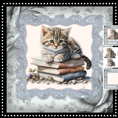 Vintage Kitten on Books mini kit