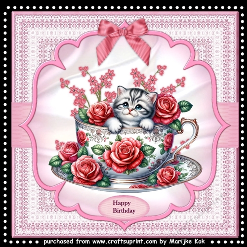 Birthday Kitten In Teacup and Roses  Mini Kit