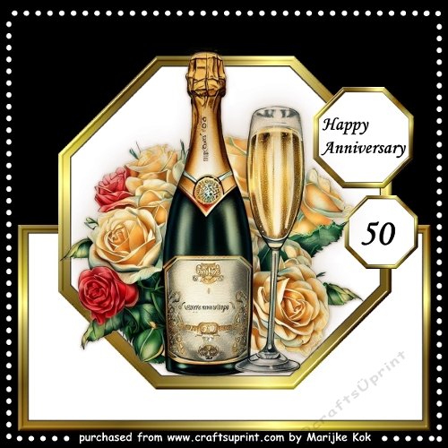Octagon Shaped Card Topper Anniversary Champagne and Roses