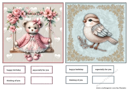 Toppers & Tags Cute teddy and cute Bird