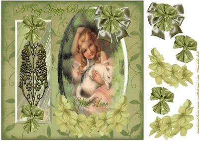 Beautiful Vintage Girl with Cat in Antique Green