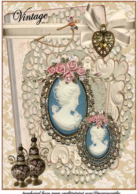 A4 Vintage Cameo Bleu Cream Collage