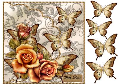 Beautiful Rosesand Butterflies in Gold Brown