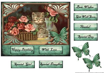 Vintage Kitten with Roses in a Basket.