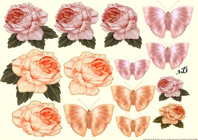 3D Antique Roses and Butterflies Pink & Peache
