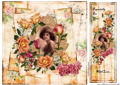 Vintage Topper Girl and Roses & Bookmark