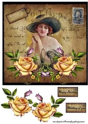 Postcard Vintage Lady Roses