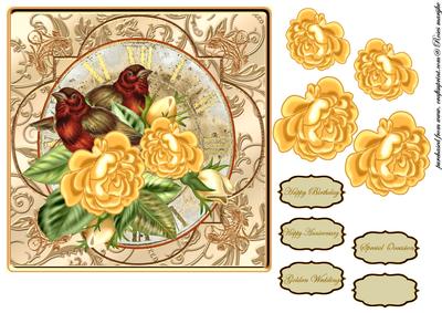 Golden Roses and Vintage Birds