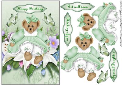 Birthday Bear in Green with Lillies