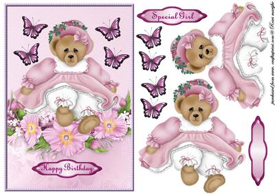 Birthday Bear in Pink Flowers