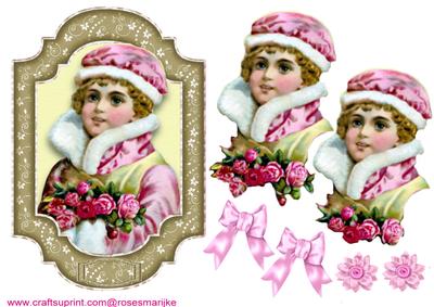 Vintage Snow Girl in Pink with Roses