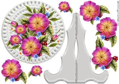 Ceramic White Plate and Stand Pink Roses