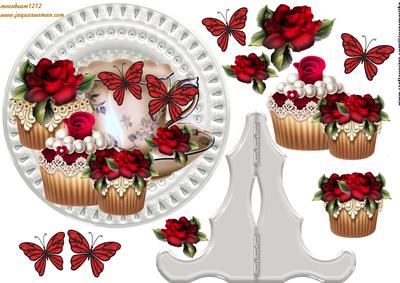 Porcelain Plate&stand Red Roses and Butterflies Cupcakes