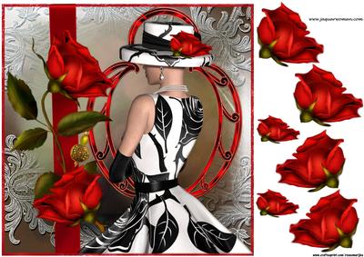 Beautiful Lady in Black and White & Red Roses