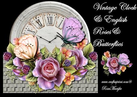 Vintage Clock, English Roses& Butterflies