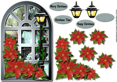 Christmas Window, Lantern & Poinsettias
