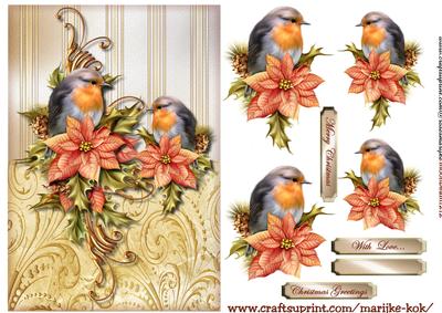 Classic Christmas Robins Golden Swirls Card