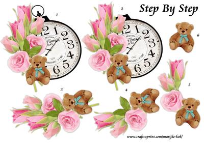 Step by Step Vintage Clock, Pink Roses & Baby Bear