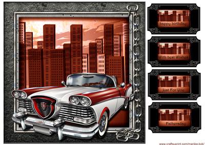 Male Card Topper & Tags Vintage Car Red&grey