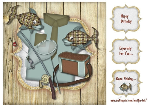 Male card Topper Gone Fishing Retro