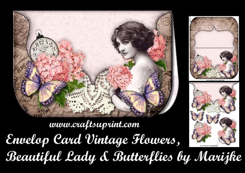 Envelop Card Vintage Flowers, lady & Butterflies Mini Kit