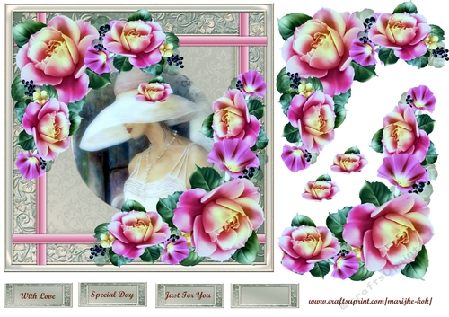 Vintage lady & Summer Roses Quick card