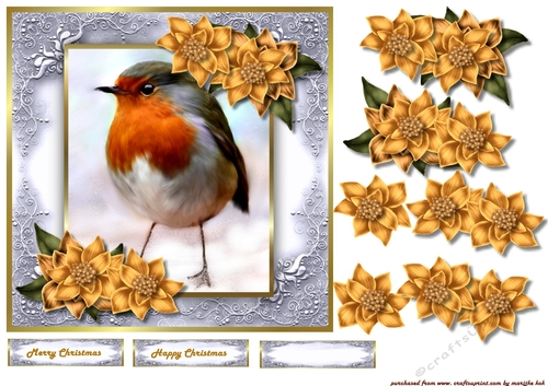 Christmas Robin & golden poinsettias