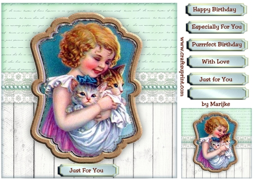 Vintage Girl and her  Kittens in scallop topper 