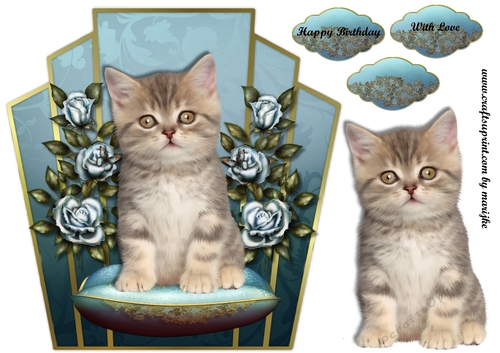 Art Deco Topper Cute Kitten & Vintage Roses
