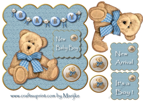 Cute Teddie new baby Boy Scallop card Topper