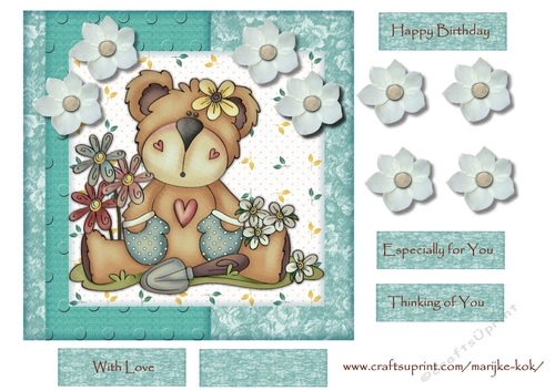 Cute Teddie   in the Garden card  Scallop Topper