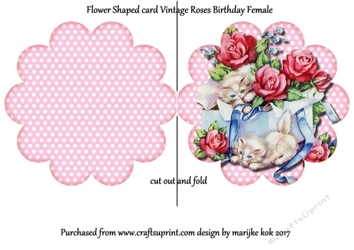 Flower Shaped card Vintage Roses & Kittens