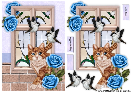 Art Deco Window Cat, birds & roses