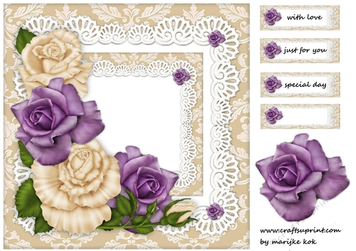 Yvory & Purple heritage roses in lace frame Card topper