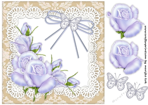 Vintage Blue  roses in lace frame Card topper