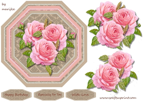Octagon Card Pink Vintage Roses