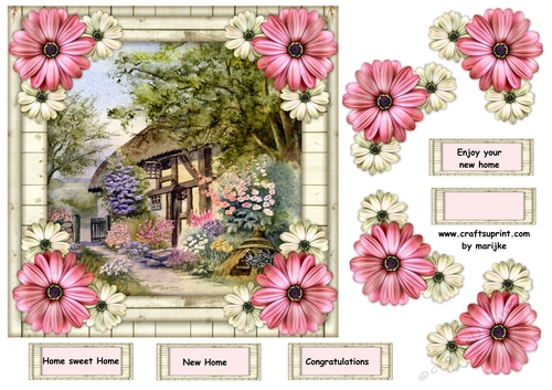 New Home Cottage in wooden frame & flowers