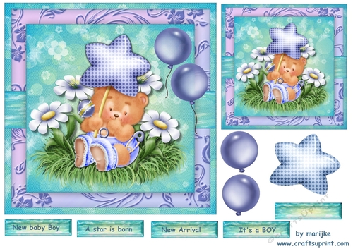 Cute teddie new baby boy card Topper