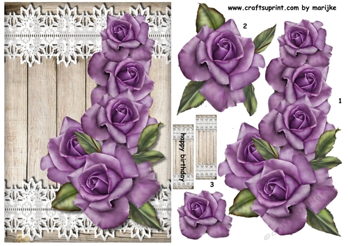 Purple  Roses, Wood & lace Quick Card