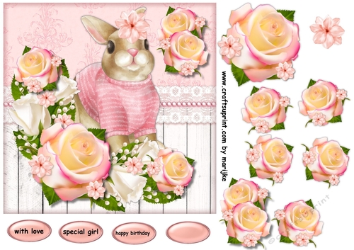 Birthday Girl Cute Bunny & Pretty Roses step by step