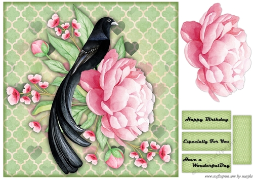 Oriental Bird & peonies card Topper