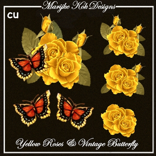 CU Yellow Roses & Vintage Butterfly