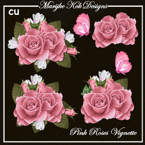 CU Pink Roses Vignette & Butterfly